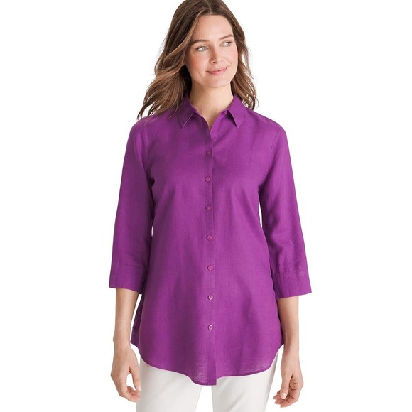 Chico's 100% Linen No Iron Button Down Shirt Size 1 (8/10) Purple 3/4 Sleeve - Picture 1 of 9